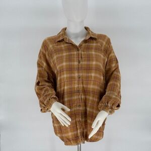 American Eagle Plaid Button Down Shirt Tan Oversized Flannel Womens S